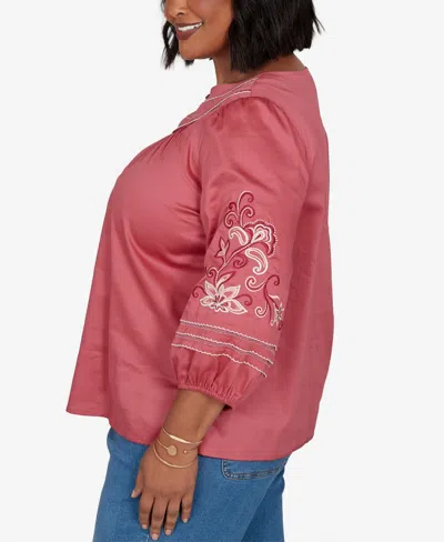 Ruby Rd. Plus Size Embroidered Sleeve Voile Top In Rose