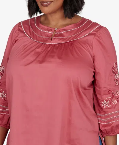 Ruby Rd. Plus Size Embroidered Sleeve Voile Top In Rose