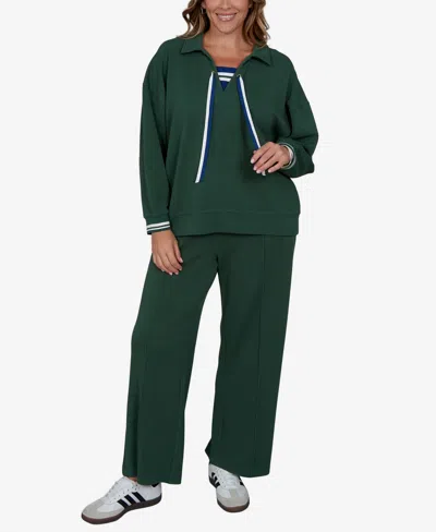 Ruby Rd. Plus Size Stripe Trim Drawstring Pullover Top In Fern