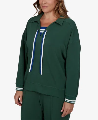 Ruby Rd. Plus Size Stripe Trim Drawstring Pullover Top In Fern
