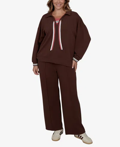Ruby Rd. Plus Size Stripe Trim Drawstring Pullover Top In Dark Chocolate