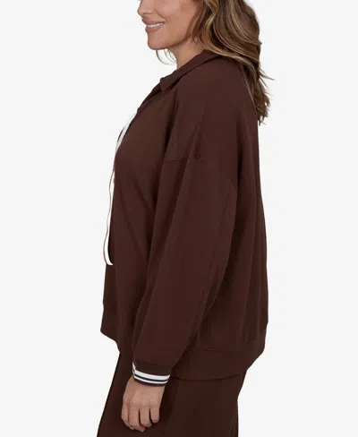 Ruby Rd. Plus Size Stripe Trim Drawstring Pullover Top In Dark Chocolate