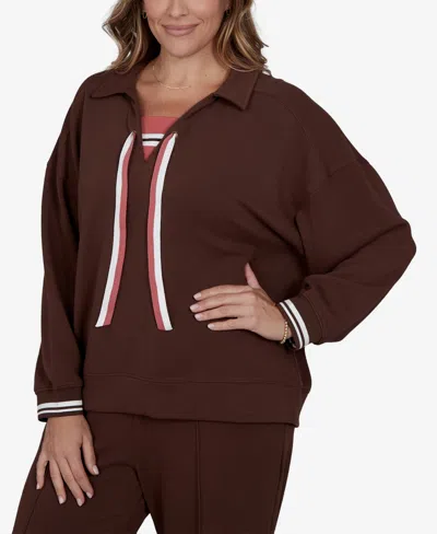 Ruby Rd. Plus Size Stripe Trim Drawstring Pullover Top In Dark Chocolate