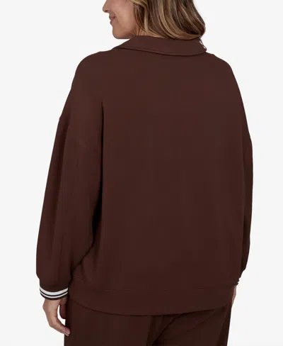 Ruby Rd. Plus Size Stripe Trim Drawstring Pullover Top In Dark Chocolate