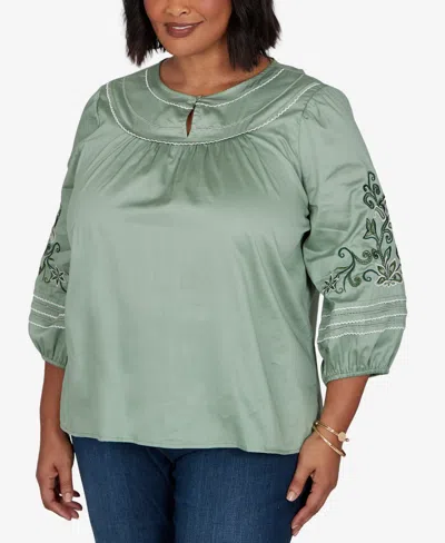 Ruby Rd. Plus Size Embroidered Sleeve Voile Top In Jasper