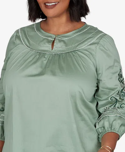 Ruby Rd. Plus Size Embroidered Sleeve Voile Top In Jasper