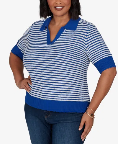 Ruby Rd. Plus Size Two-tone Collared Elbow Sleeve Sweater In Cobolt Multi