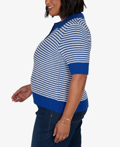 Ruby Rd. Plus Size Two-tone Collared Elbow Sleeve Sweater In Cobolt Multi