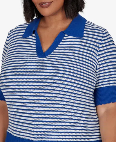 Ruby Rd. Plus Size Two-tone Collared Elbow Sleeve Sweater In Cobolt Multi