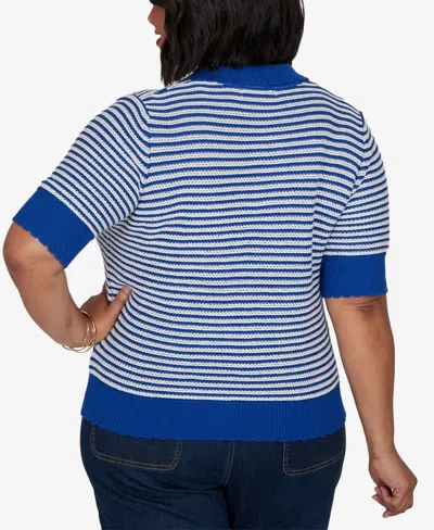 Ruby Rd. Plus Size Two-tone Collared Elbow Sleeve Sweater In Cobolt Multi