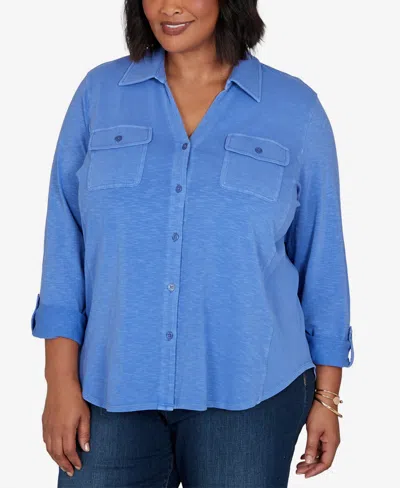 Ruby Rd. Plus Size Rib Trim Button Front Knit Top In Blubird