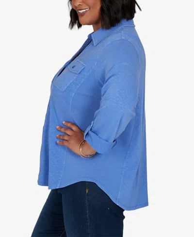 Ruby Rd. Plus Size Rib Trim Button Front Knit Top In Blubird