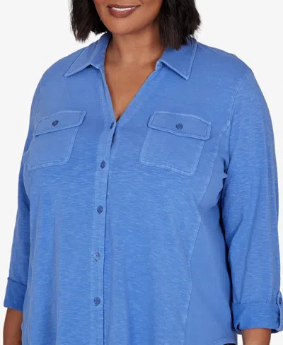 Ruby Rd. Plus Size Rib Trim Button Front Knit Top In Blubird