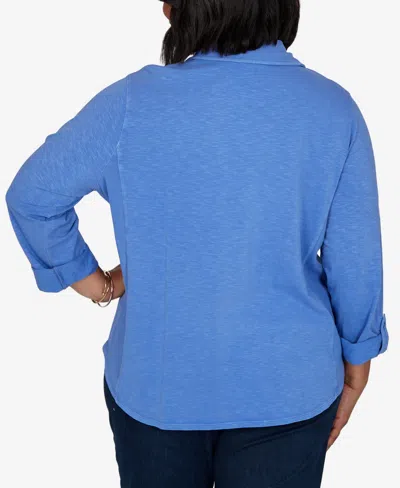 Ruby Rd. Plus Size Rib Trim Button Front Knit Top In Blubird