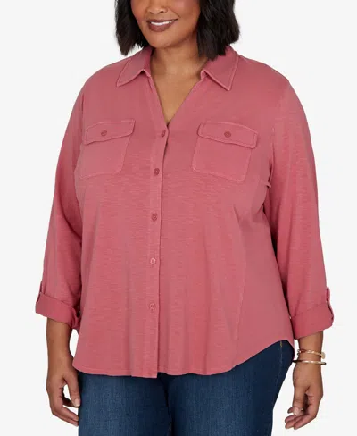 Ruby Rd. Plus Size Rib Trim Button Front Knit Top In Rose
