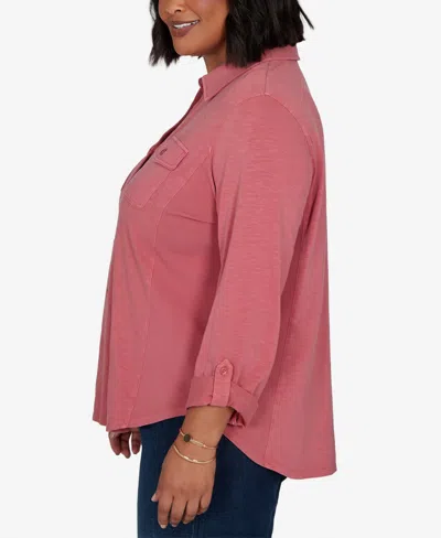 Ruby Rd. Plus Size Rib Trim Button Front Knit Top In Rose