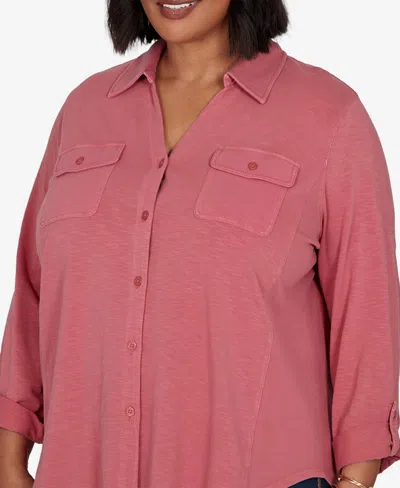 Ruby Rd. Plus Size Rib Trim Button Front Knit Top In Rose