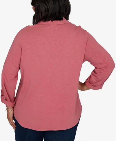 Ruby Rd. Plus Size Rib Trim Button Front Knit Top In Rose