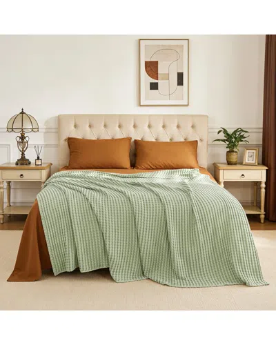 Awesome Home 300 Thread Count Waffle Large Grid Pattern Blanket In Green