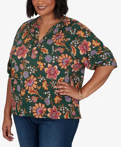 Ruby Rd. Plus Size Floral Vines Printed Cotton Knit Top In Multi