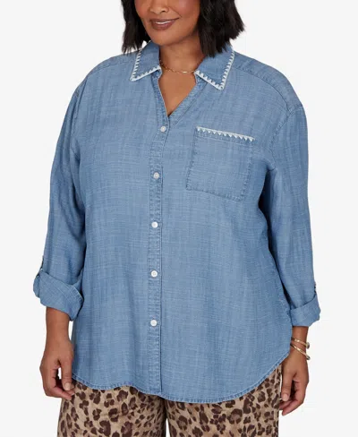 Ruby Rd. Plus Size Crochet Trim Soft Button Front Top In Chambray