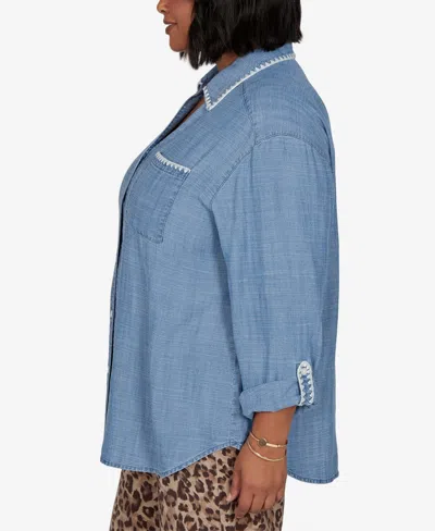 Ruby Rd. Plus Size Crochet Trim Soft Button Front Top In Chambray