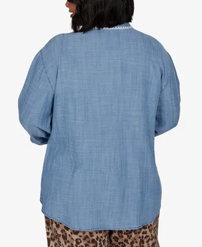Ruby Rd. Plus Size Crochet Trim Soft Button Front Top In Chambray
