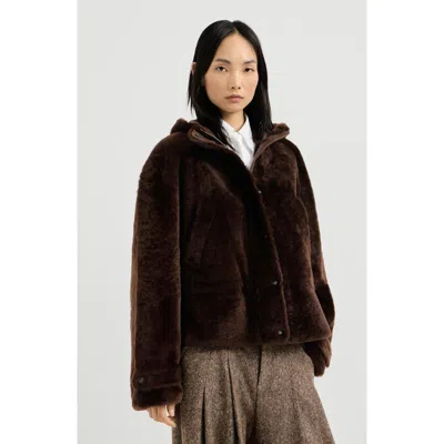 Brunello Cucinelli Shearling Outerwear Jacket With Shiny Zipper Pull In Brown