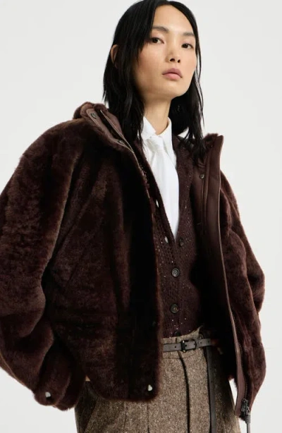 Brunello Cucinelli Shearling Outerwear Jacket With Shiny Zipper Pull In Brown