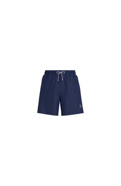 Brunello Cucinelli Straight-leg Mid-length Logo-embroidered Swim Shorts In Blue