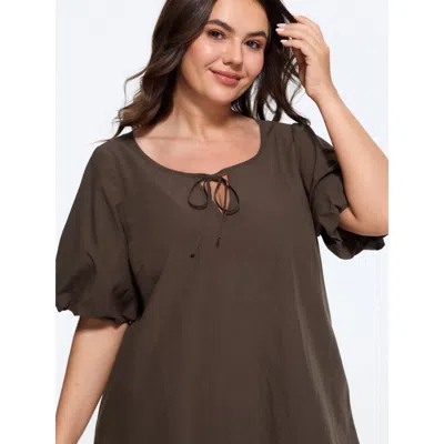 Bloomchic Solid Puff Sleeve A-line Mini Dress In Brown