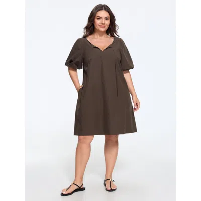 Bloomchic Solid Puff Sleeve A-line Mini Dress In Brown