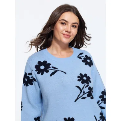 Bloomchic Floral Jacquard Crew Neck Loose Pullover In Blue