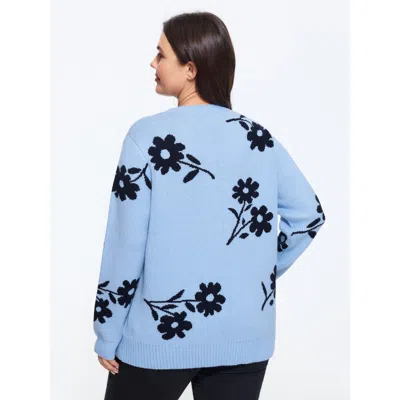 Bloomchic Floral Jacquard Crew Neck Loose Pullover In Blue