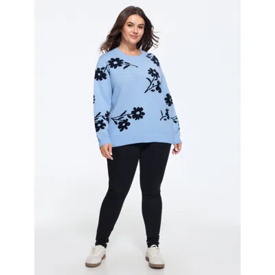 Bloomchic Floral Jacquard Crew Neck Loose Pullover In Blue