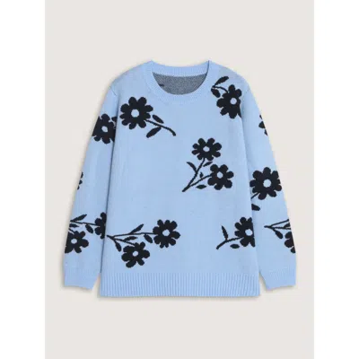 Bloomchic Floral Jacquard Crew Neck Loose Pullover In Blue