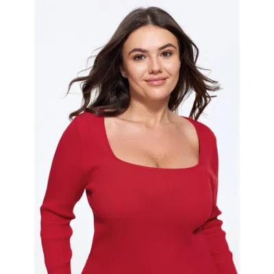 Bloomchic Stretchy Square Neck Ribbed Long Sleeve Pullover In Red