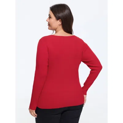 Bloomchic Stretchy Square Neck Ribbed Long Sleeve Pullover In Red