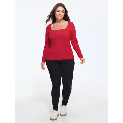Bloomchic Stretchy Square Neck Ribbed Long Sleeve Pullover In Red