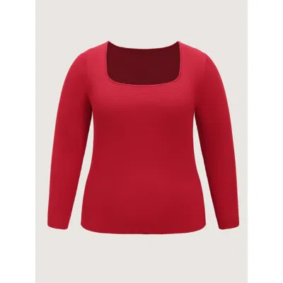 Bloomchic Stretchy Square Neck Ribbed Long Sleeve Pullover In Red