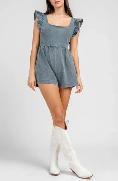 Beivy Ruffled Shoulder Denim Romper In Light Denim