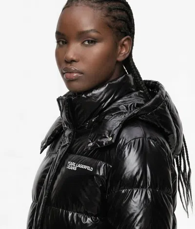Kl Jeans Long Shiny Puffer Jacket In Black