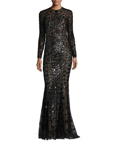 Zuhair Murad Long-sleeve Illusion Leopard-sequined Gown, Black