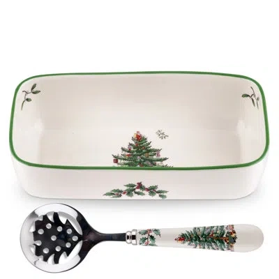 Spode Christmas Tree Cranberry Server With Slotted Spoon In White