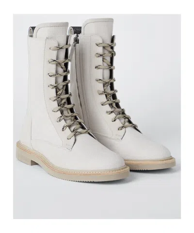 Brunello Cucinelli Bead-embellished Canvas Combat Boots In White