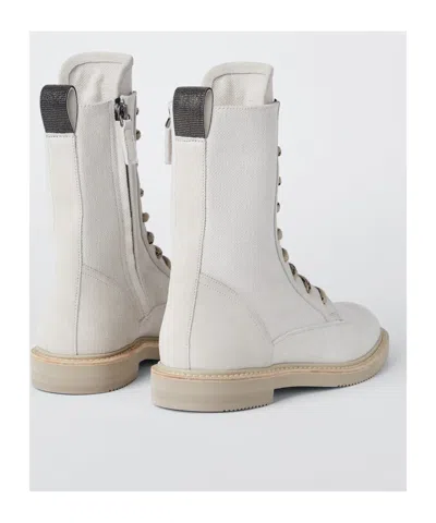 Brunello Cucinelli Bead-embellished Canvas Combat Boots In White