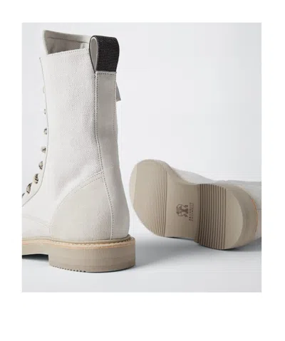 Brunello Cucinelli Bead-embellished Canvas Combat Boots In White