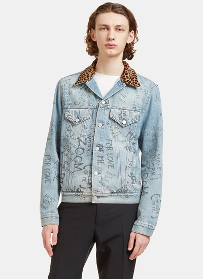 Gucci Men's Scribbled Writing Print Leopard Collared Denim Jacket In Blue In Light Blue