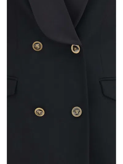 Versace Satin Trim Stretch Wool Jacket Minidress In Black