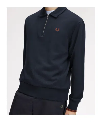 Fred Perry Half Zip Collared Sweatshirt In Blue